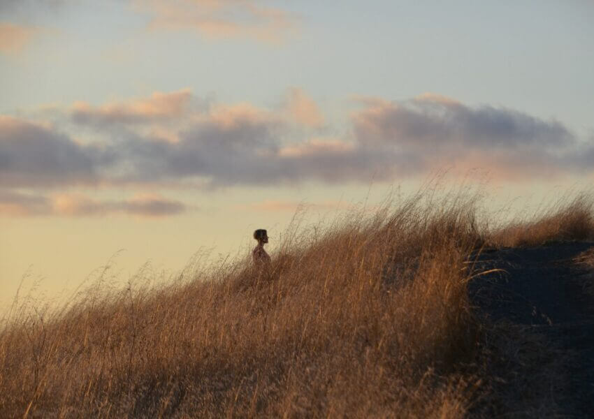 Lone figure standing on hill at sunset at Long Ridge