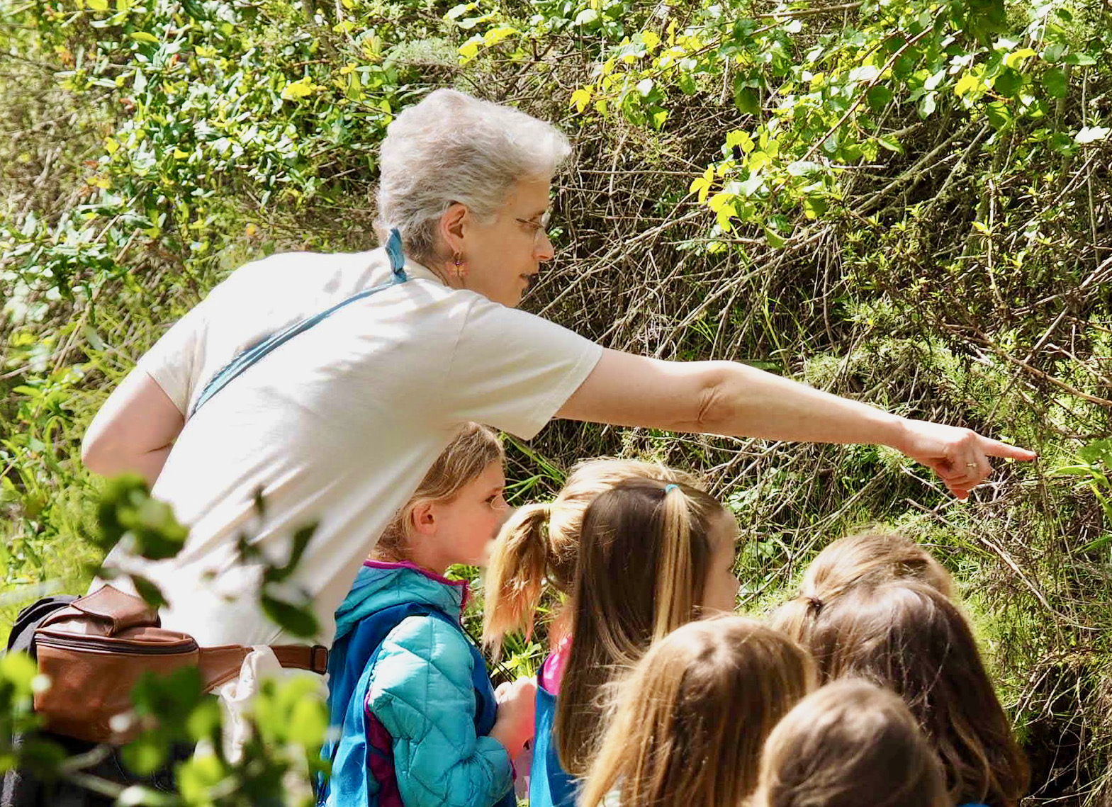 woman pointing out plants to children