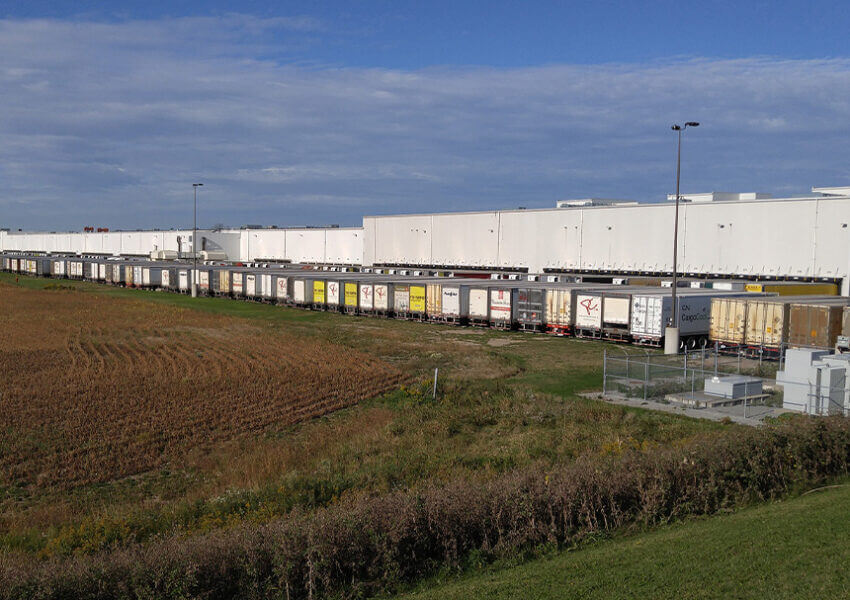 warehouse and trucks
