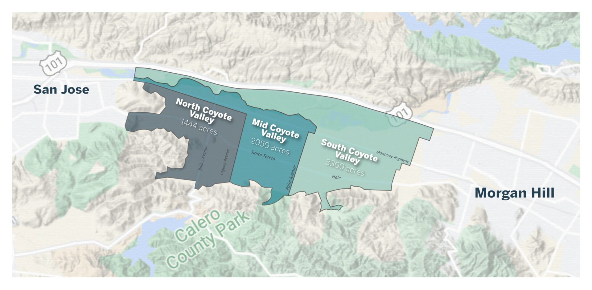 Map showing north, mid, and south Coyote Valley