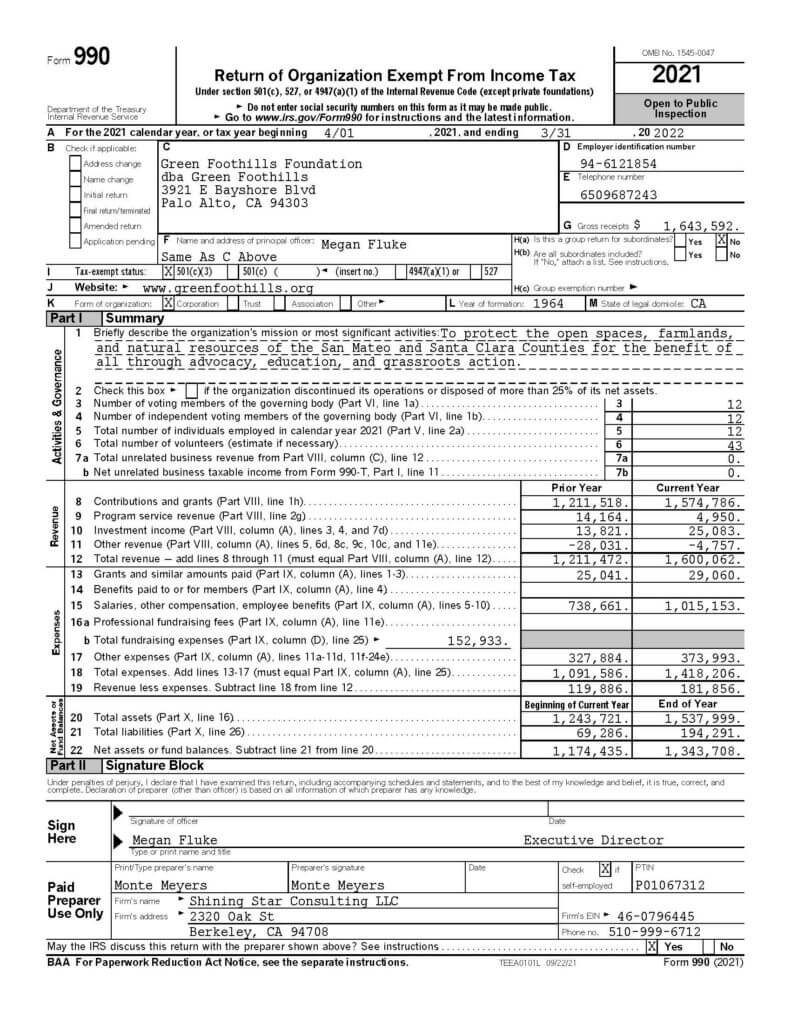 Form 990 for the year 2021-22