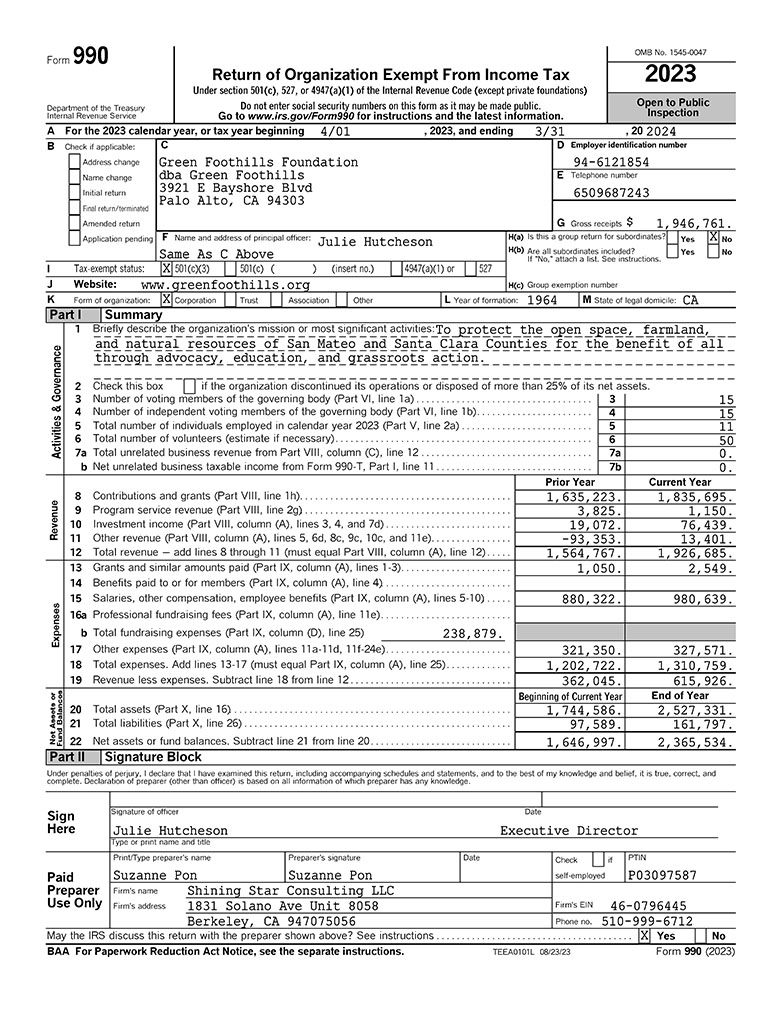 first page of Green Foothills 2023 tax return Form 990