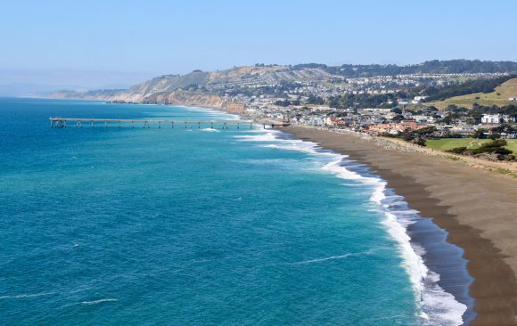 aerial view of California coast near Mori Point in San Mateo County