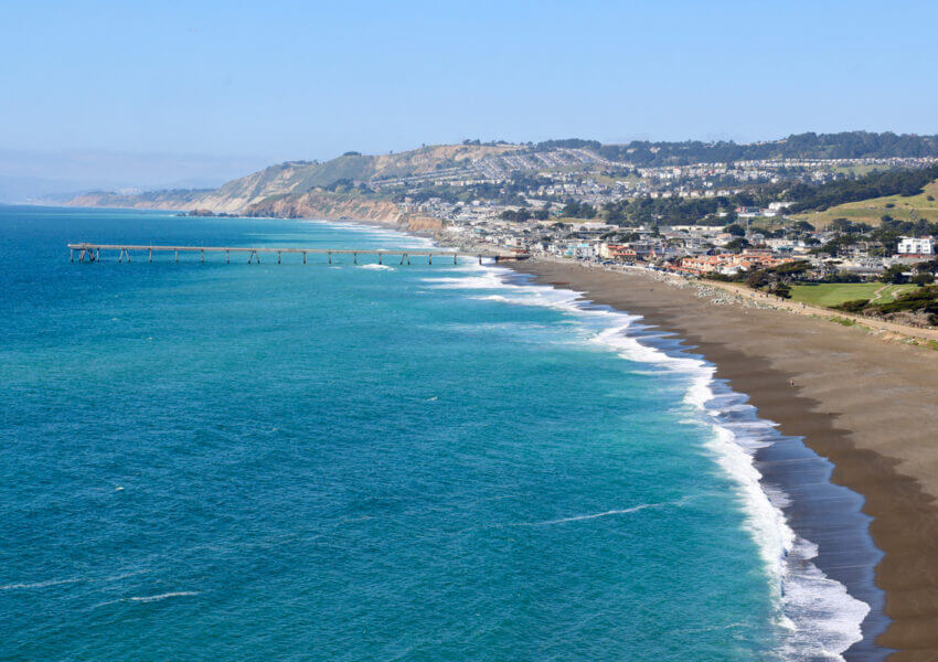 aerial view of California coast near Mori Point in San Mateo County