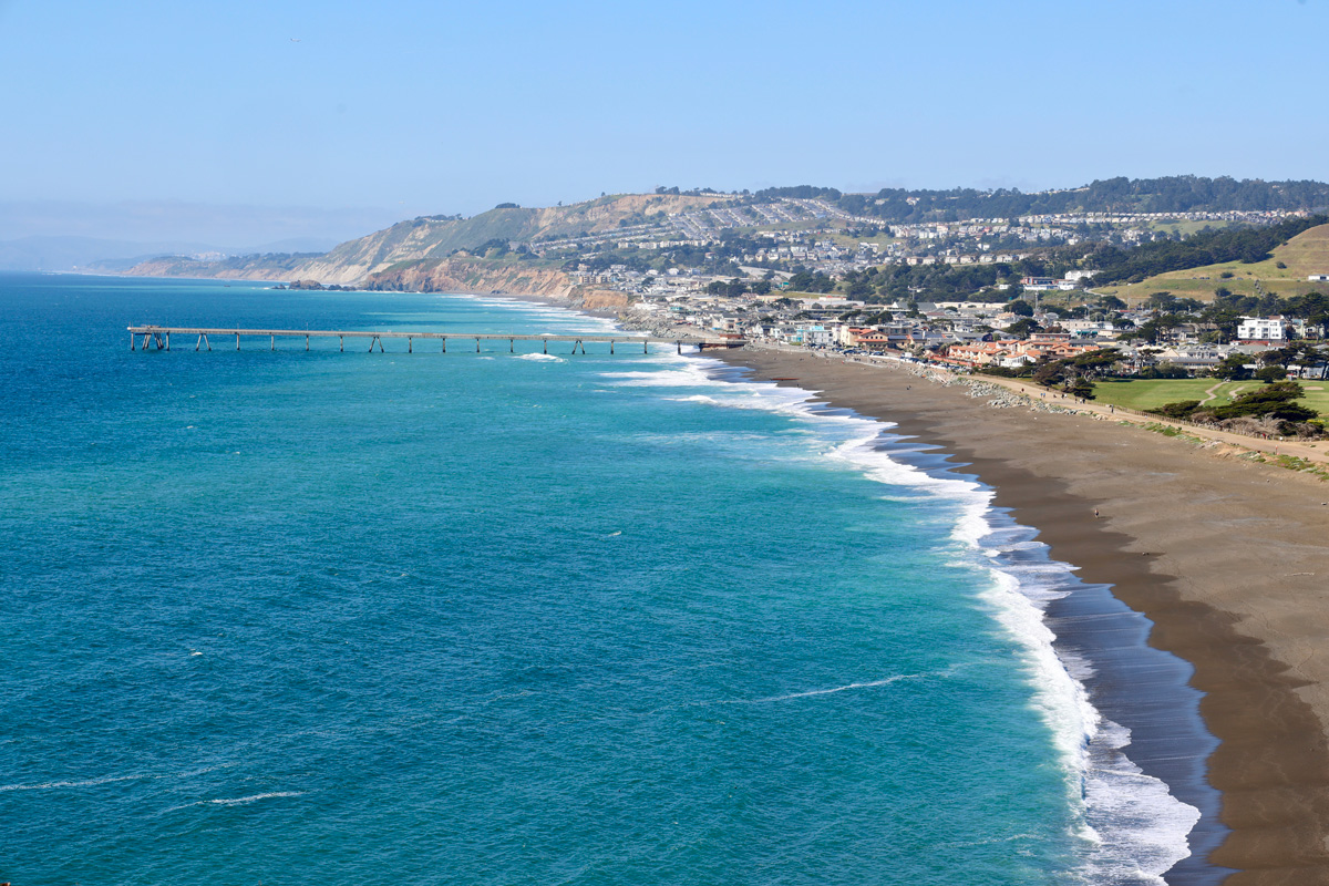 aerial view of California coast near Mori Point in San Mateo County
