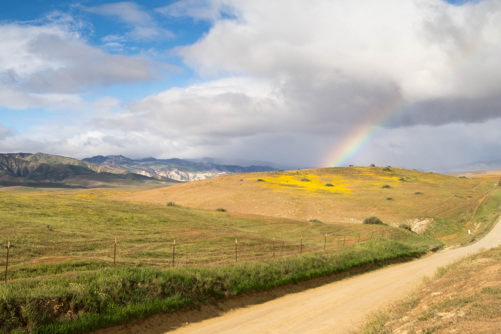 A hilly landscape with a rainbow and cloudy skies