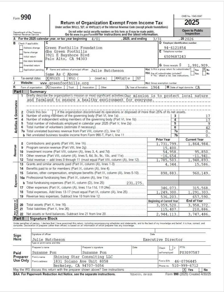 Green Foothills tax form 990 for 2025